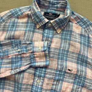 Vineyard Vines Mens Pink Blue Plaid 100% Linen Tucker Shirt 1W1428 Size M